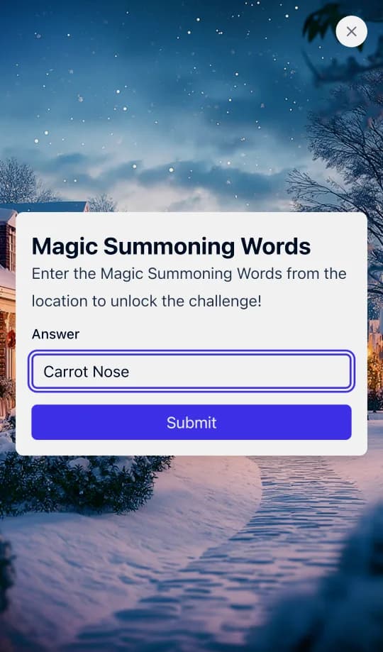 The Magic Summoning Words screen, with "Carrot Nose" typed into the answer box over a snowy lane.