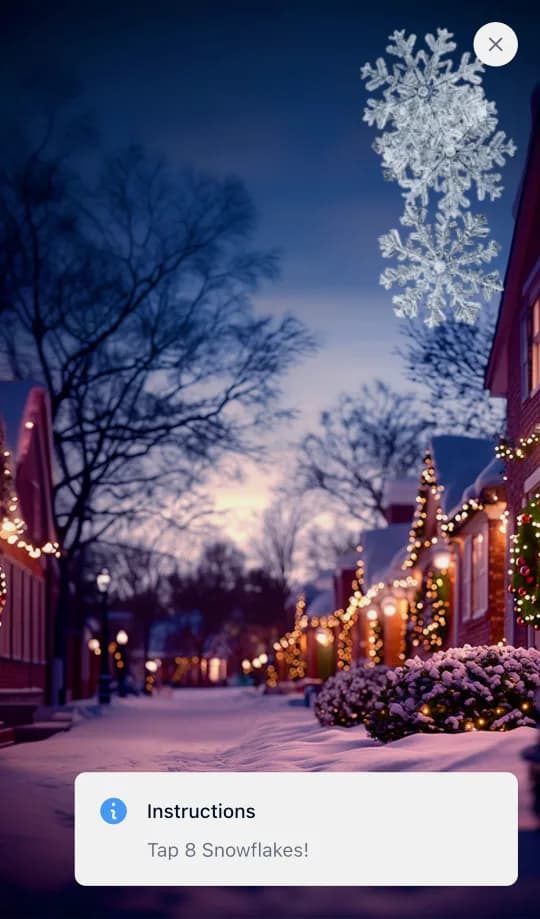 A mini-game: big snowflakes drift over a lamplit Christmas street, with the instruction "Tap 8 Snowflakes!".
