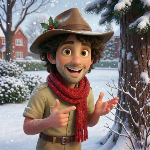 Blaze Bramblewhip gestures towards the camera mid-explanation on a snowy path lined with hedges.