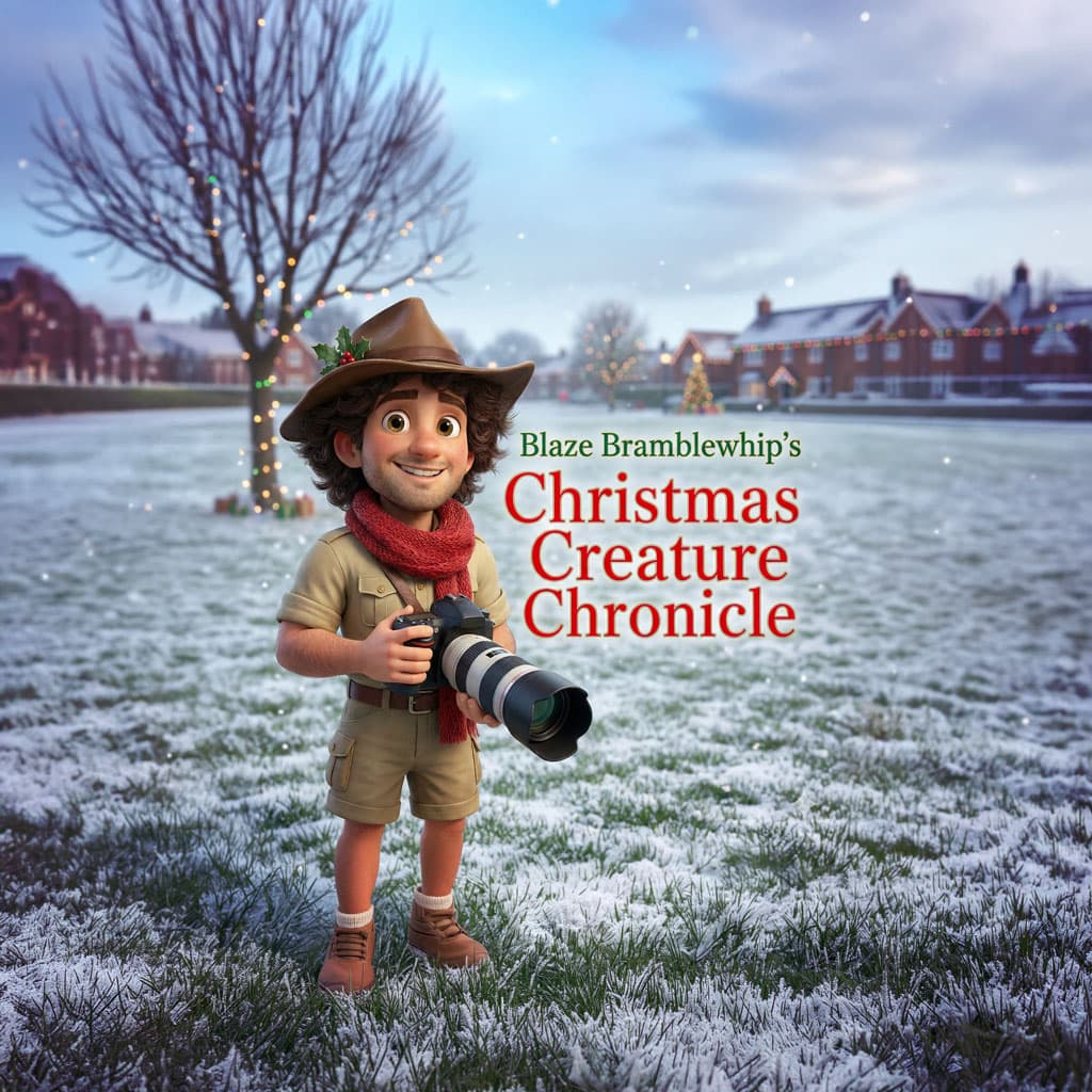 Blaze Bramblewhip, a young wrangler in a bush hat and red scarf, holds a camera on a snowy field beneath the title "Blaze Bramblewhip’s Christmas Creature Chronicle".