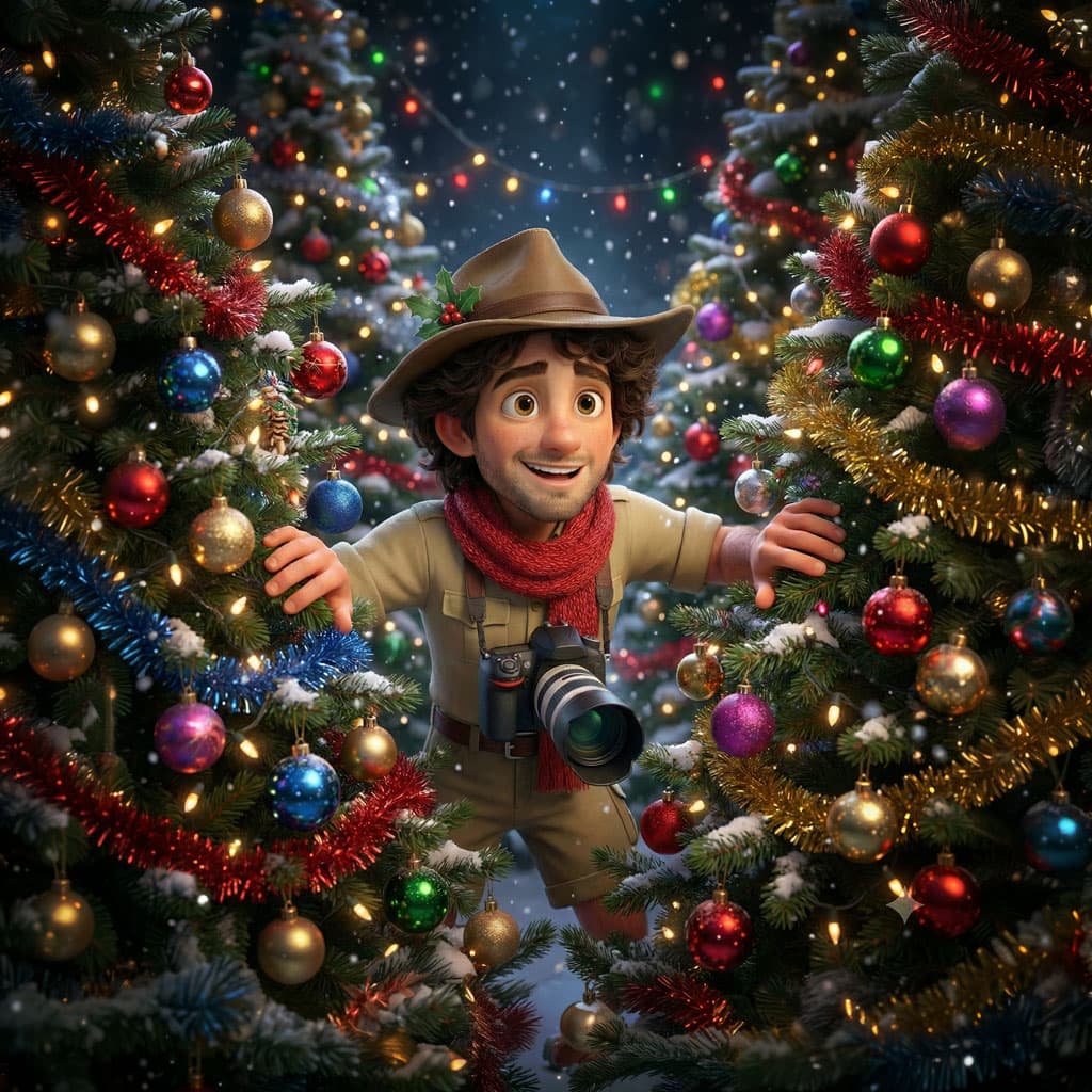 Blaze Bramblewhip peers out through the branches of a heavily decorated Christmas tree, camera in hand.