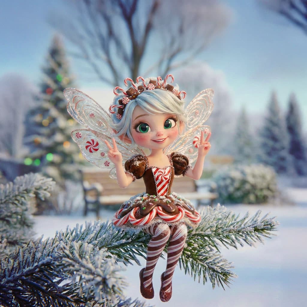 The Candy Fairy, dressed in candy-cane stripes with peppermint-swirl wings, perches on a snowy fir branch.