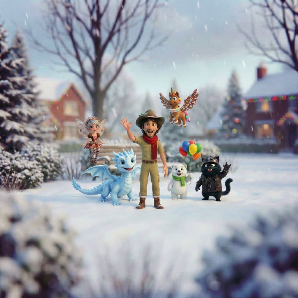 Blaze Bramblewhip stands with the whole cast of Christmas creatures gathered around him on a snowy green.
