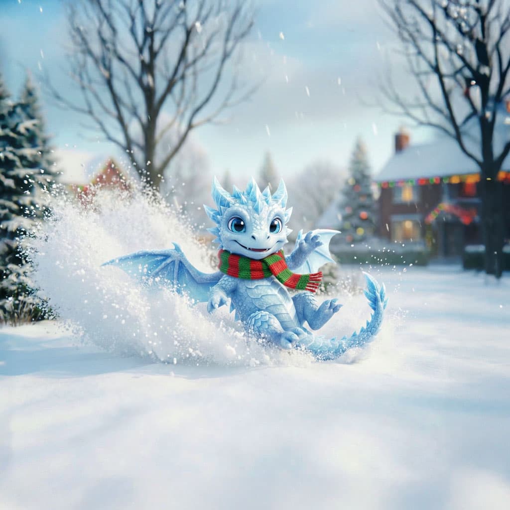 A small blue frost dragon in a green scarf skids through deep snow, throwing up a spray of powder.