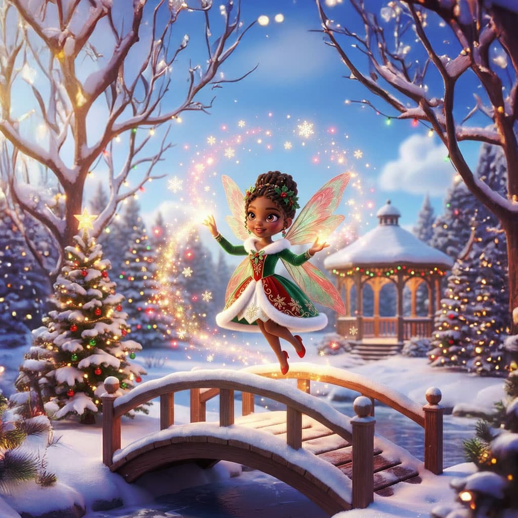 A glowing fairy in a white dress hovers above an ornamental bridge, trailing sparks, with a lit bandstand behind.