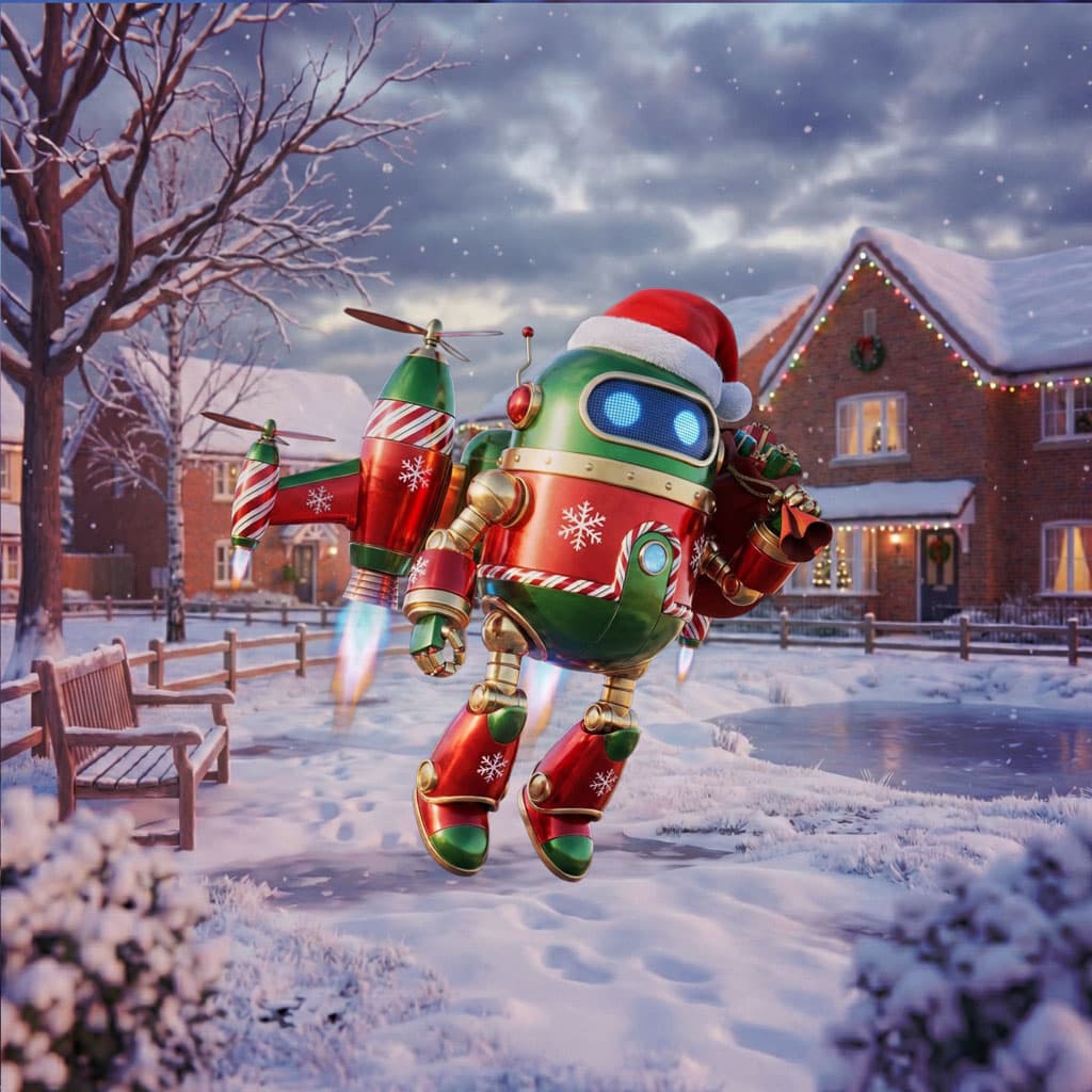 R A P T O R, a red and green festive delivery robot in a Santa hat, flies over a snowy garden with a sack of presents.