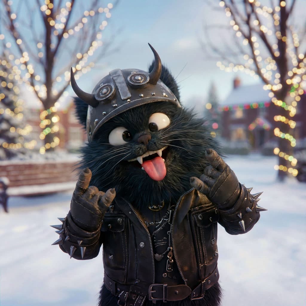 The Yule Cat, a large black cat in a horned helmet and studded leather jacket, sticks its tongue out on a snowy street.