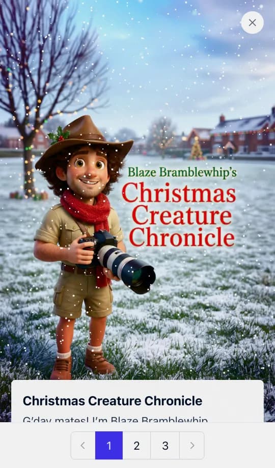 Blaze Bramblewhip, a young wildlife photographer in a bush hat and red scarf, holding a camera on a snowy field.