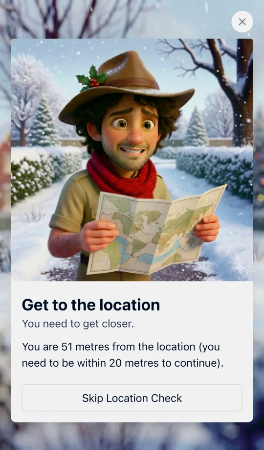 Blaze holding a map with a worried grin, above the message "You are 51 metres from the location".