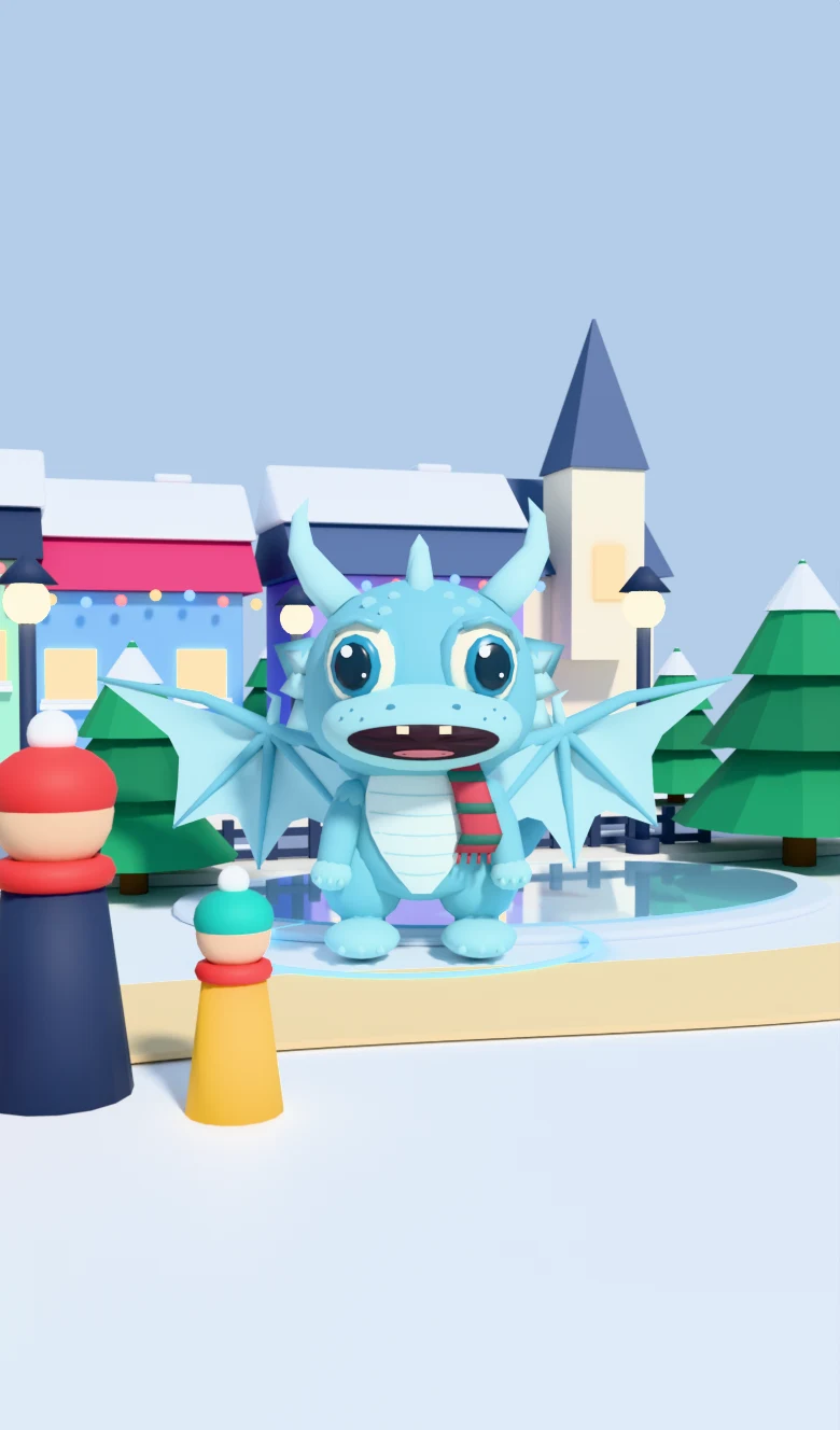 Illustration: a small blue frost dragon in a stripy scarf standing by a frozen pond, seen through a phone camera.