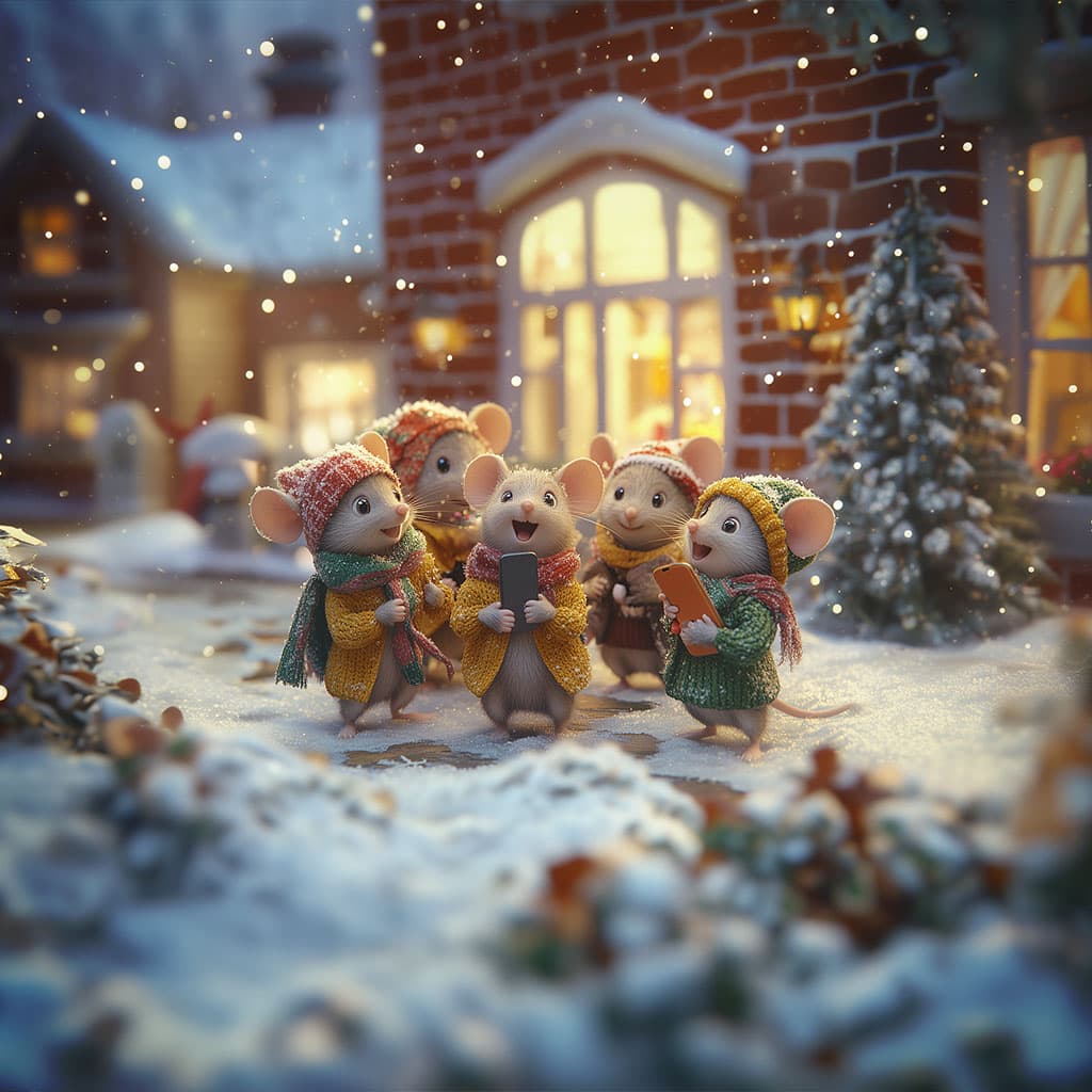 Five mice in knitted scarves sing from song sheets on the snow outside a brightly lit window.