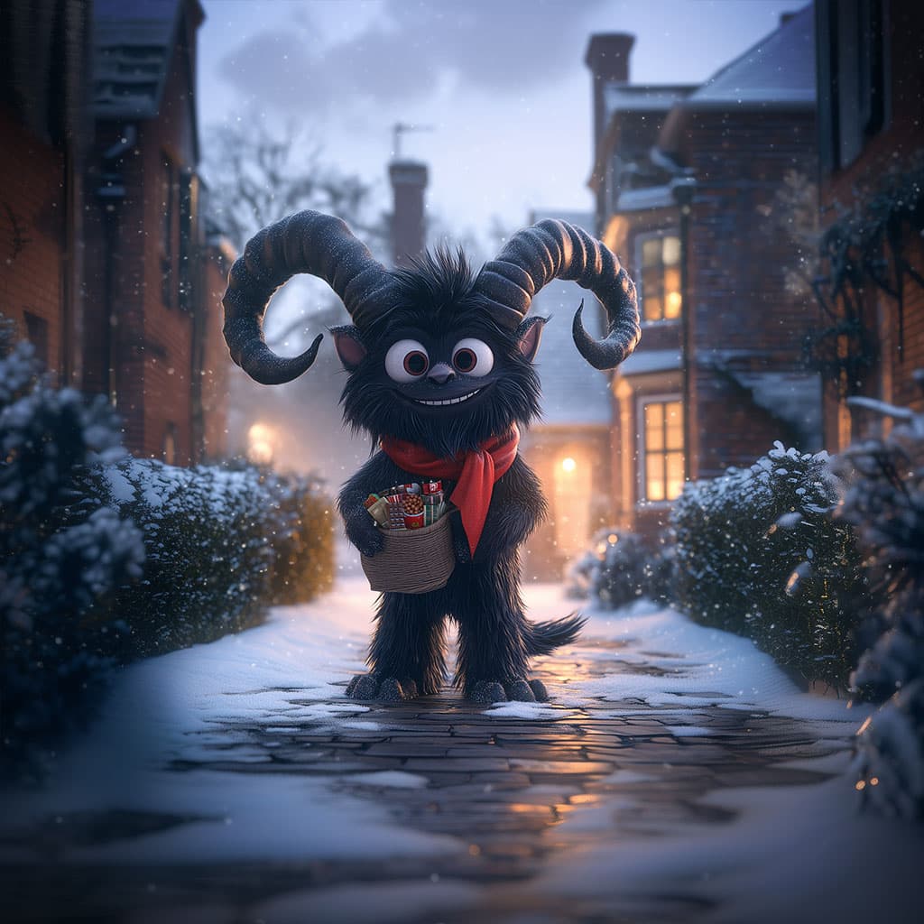 Krampus, a shaggy horned creature carrying a basket, stands on a snowy street between houses.