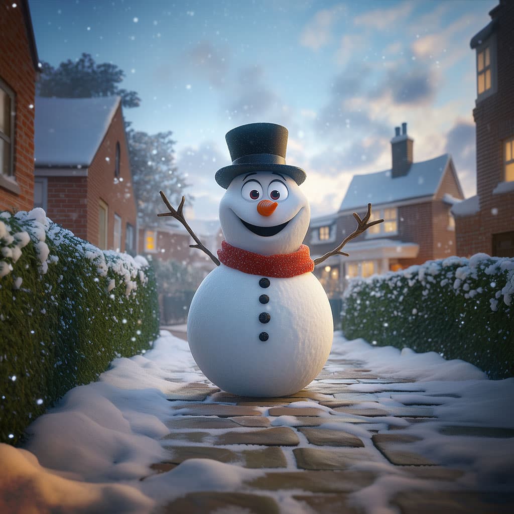 A smiling snowman in a black top hat and red scarf stands on a snowy village path.