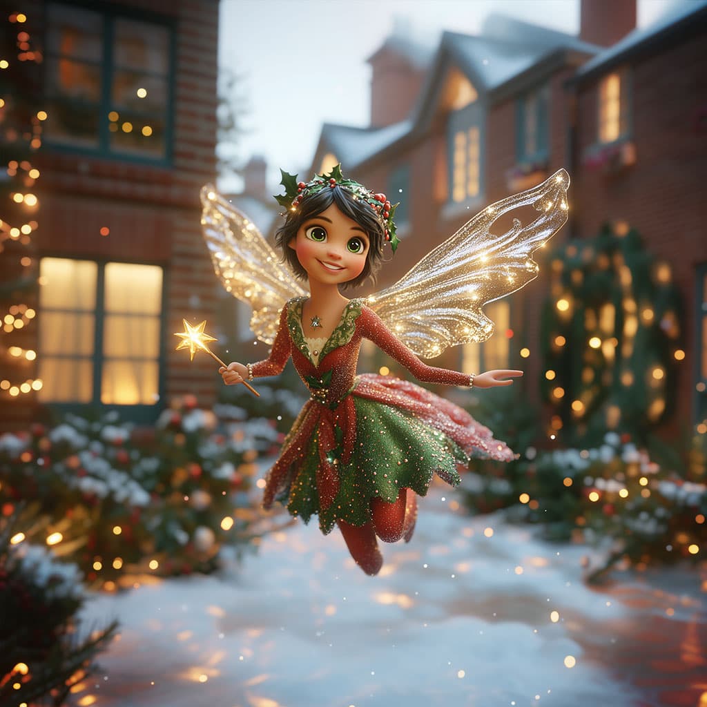 A Christmas fairy in a red and green dress hovers on glowing wings above a snow-covered street.