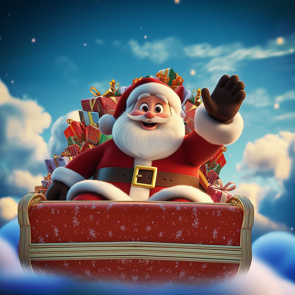 Santa waves from his sleigh as it rises into a bright sky with presents stacked behind him.