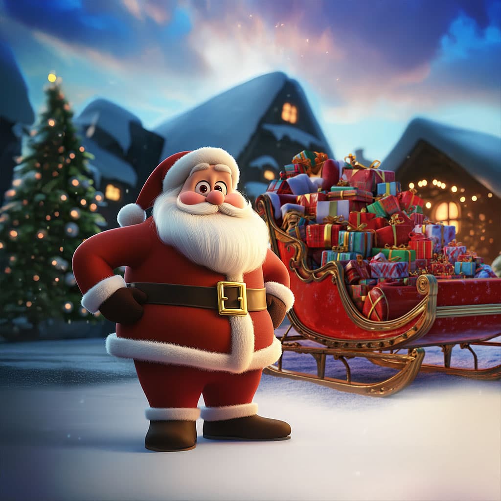 Santa stands beside a sleigh piled with wrapped presents outside a snow-covered lodge at dusk.