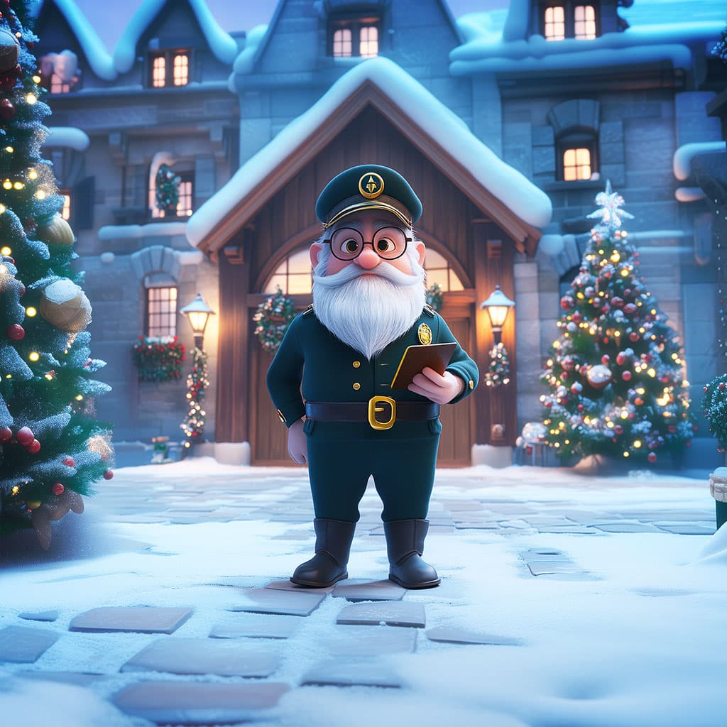 An elderly elf in a green uniform holds a clipboard outside a lit-up house on a snowy street.