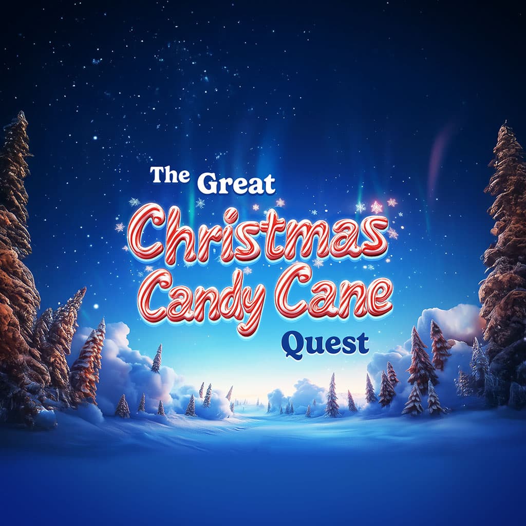 Title card reading "The Great Christmas Candy Cane Quest" in candy-striped lettering above a moonlit snowy forest.